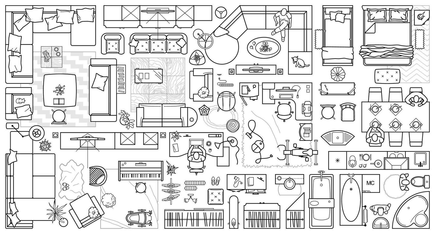 Floor plan icons set for design interior and architectural project view from above. Furniture thin line icon in top view for layout vector