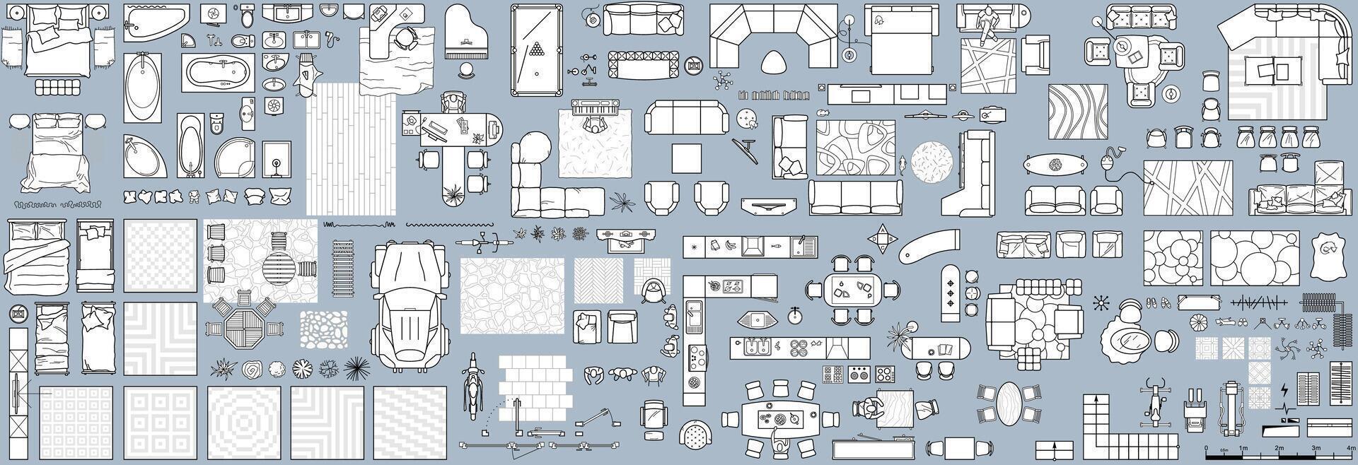 Floor plan icons set for design interior and architectural project view from above. Furniture thin line icon in top view for layout. Blueprint apartment vector