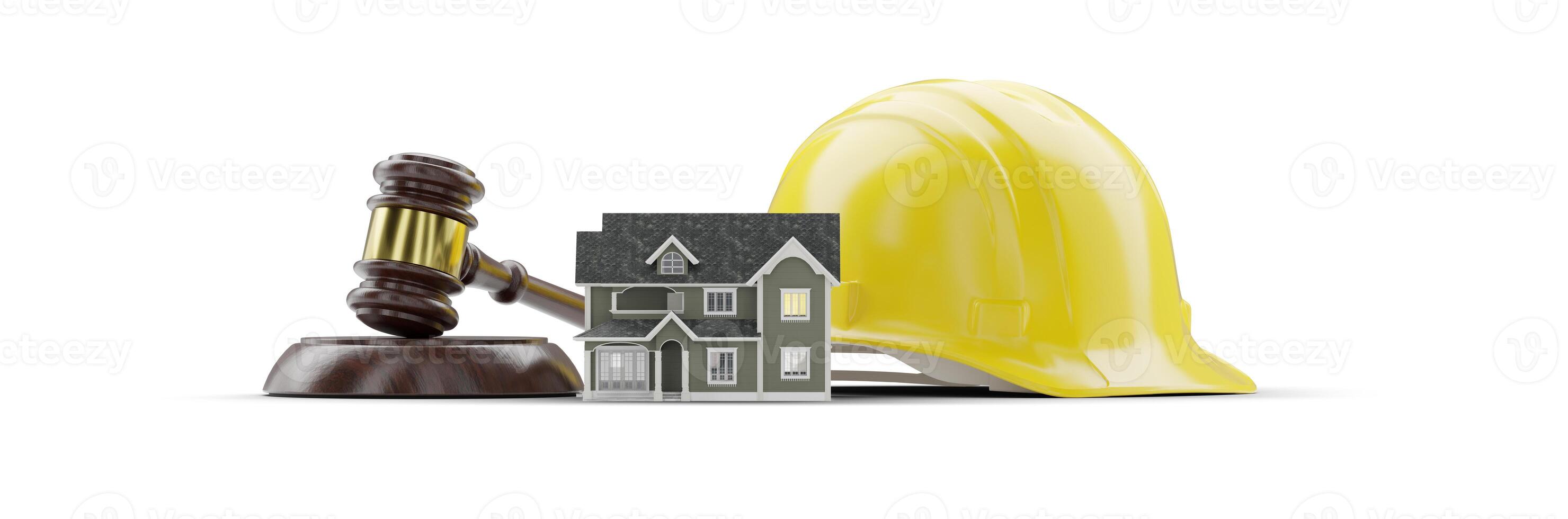 Miniature Model House, Yellow Hard Hat and Gavel Isolated on a White Background. photo