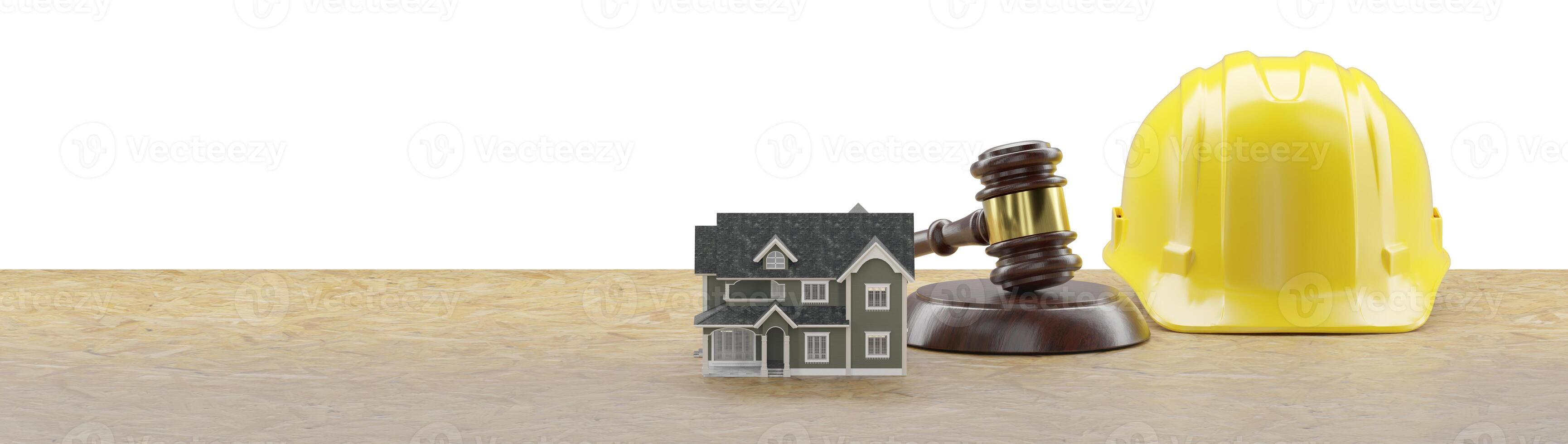 Model House, Gavel and Yellow Hard Hat Resting on a Wood Surface and White Background Banner. photo