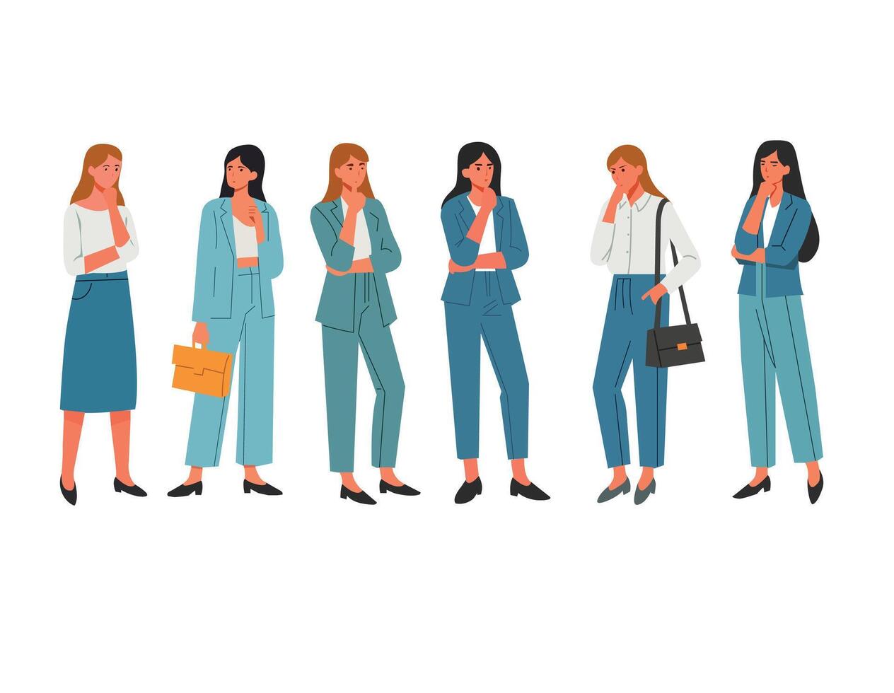 Thinking woman feeling confused thoughtful focused expression concept illustration vector