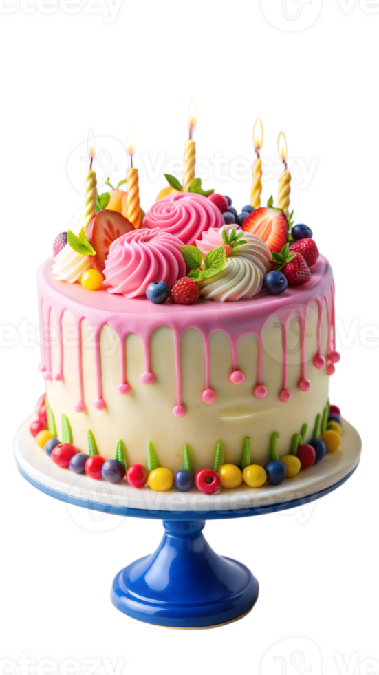 Birthday cake on a stand with colorful decorations png