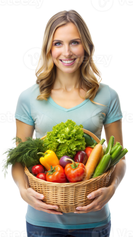 Woman holding a basket of fresh vegetables png