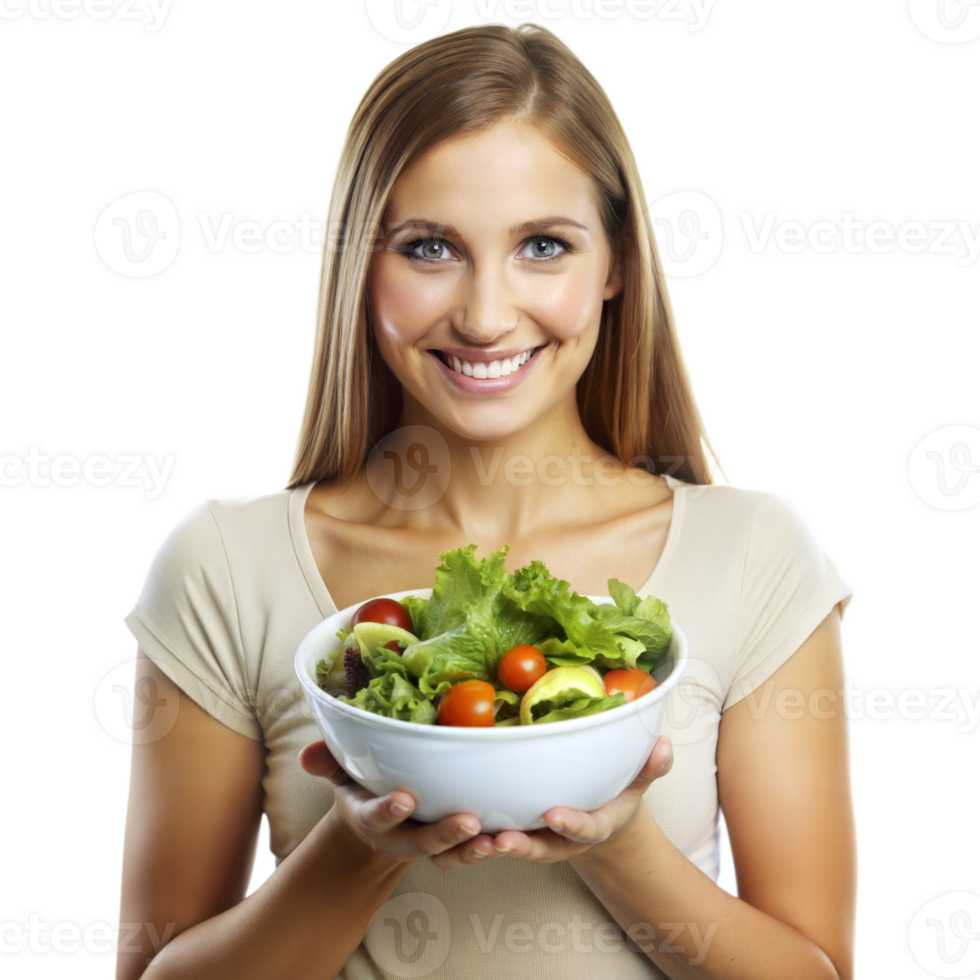 Woman holding a bowl of fresh salad and smiling png