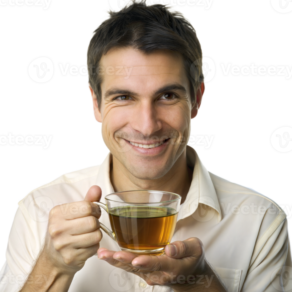 Smiling man holding a cup of herbal tea png