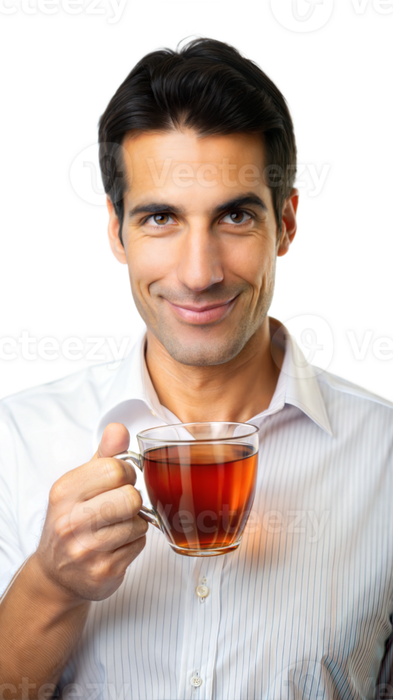 Man smiling while holding a cup of tea png
