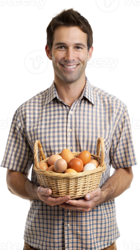 Smiling man holding a basket of fresh eggs png