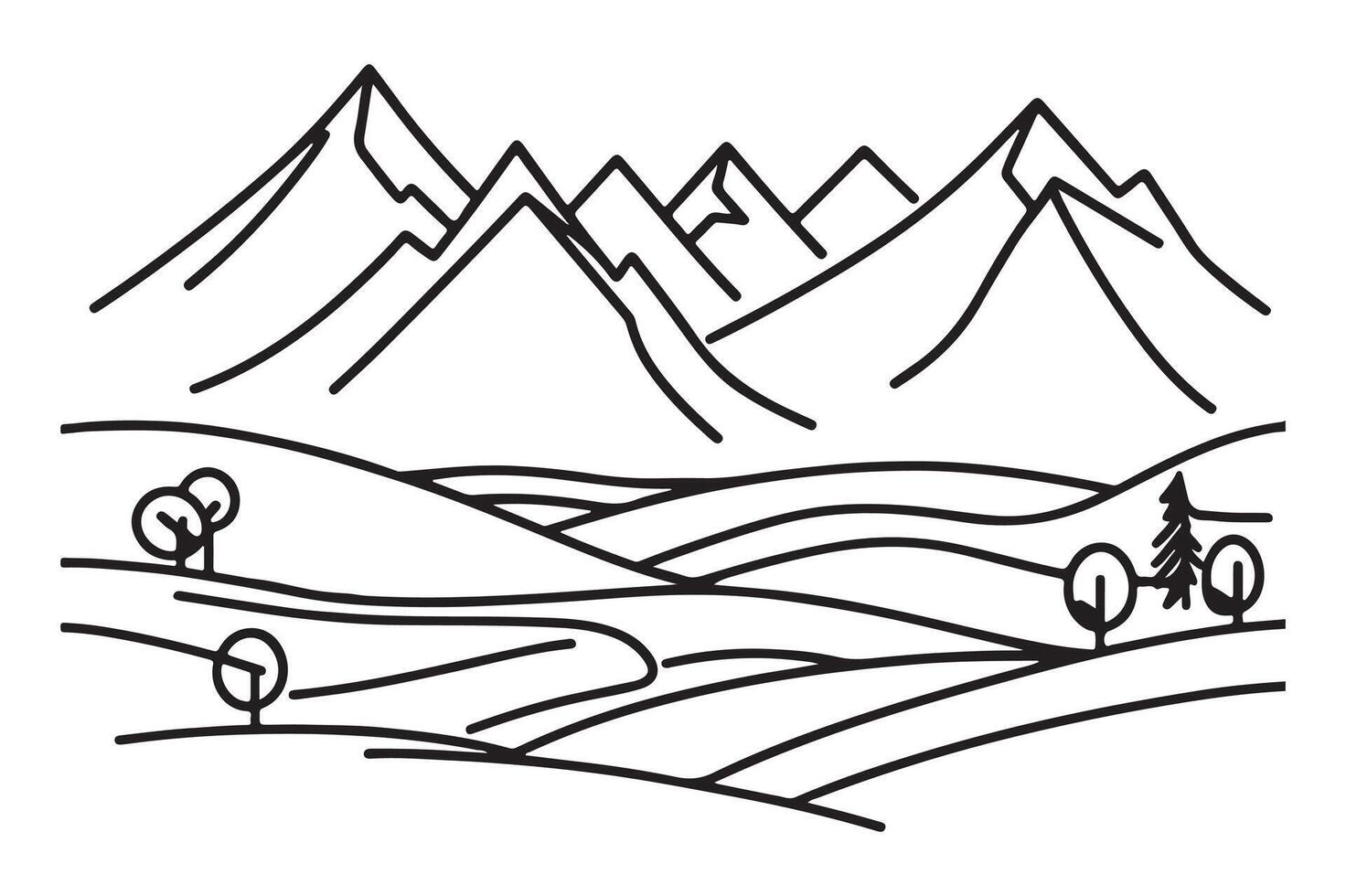 a line drawing of mountains and trees vector