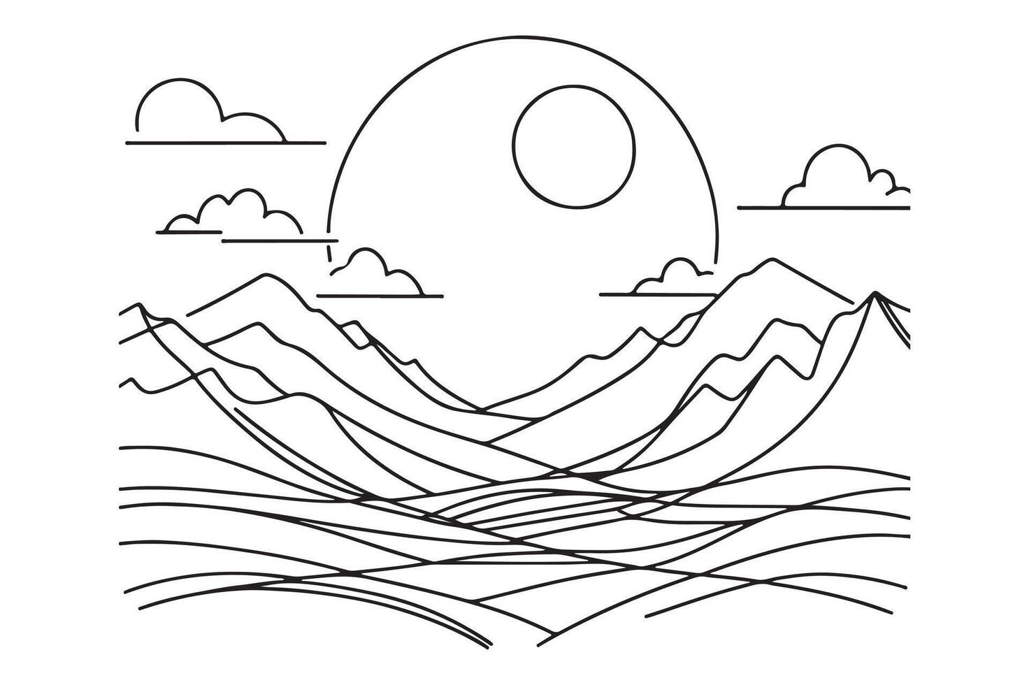 Mountains landscape view. One continuous line drawing of mountain range landscape. vector