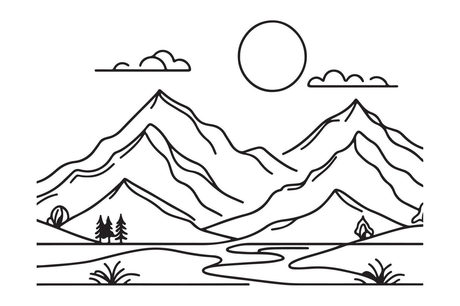 a mountain landscape with trees and a river vector