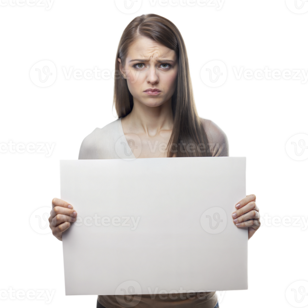 Serious woman holding a blank sign, expressing determination png