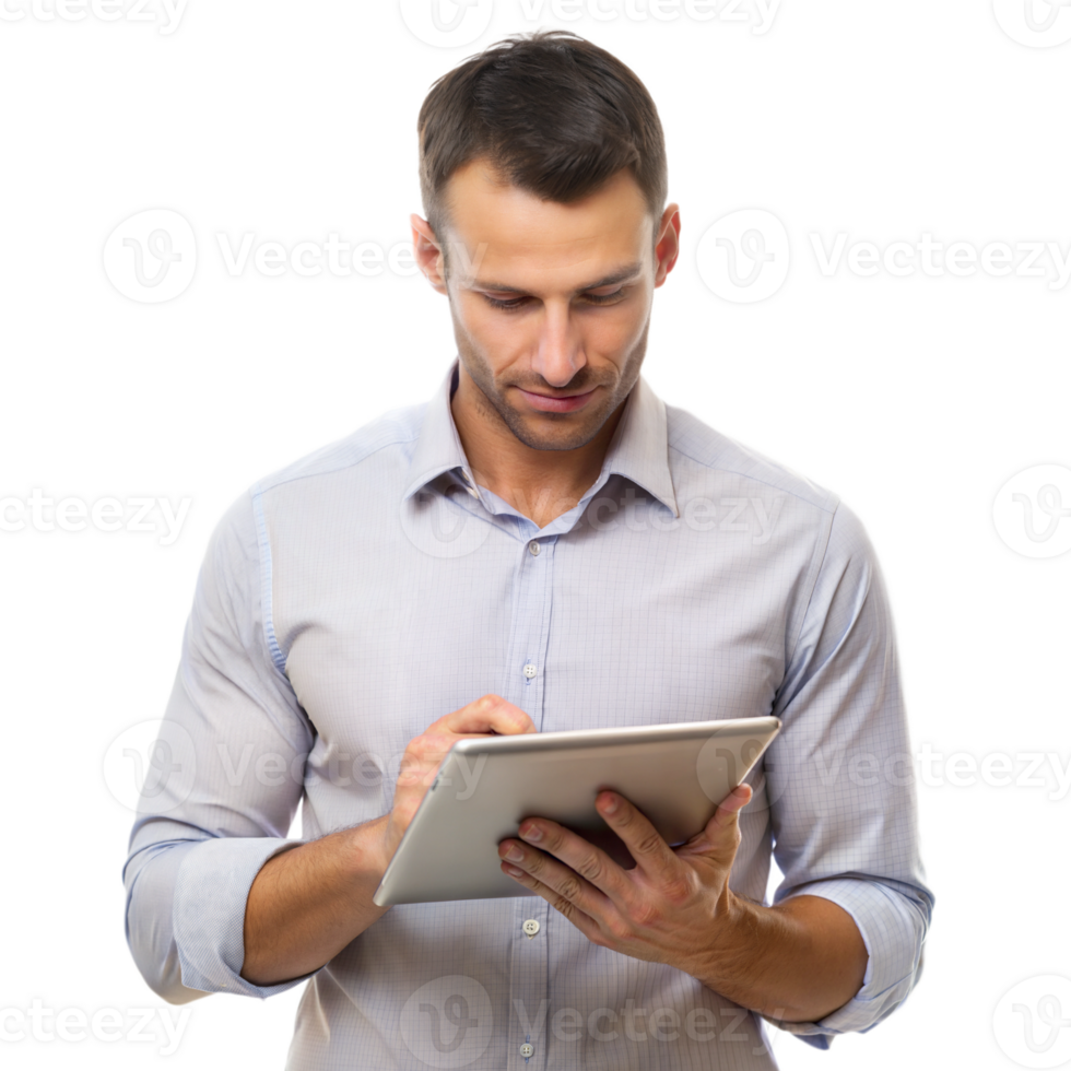 Man using a digital tablet, planning his workout routine png