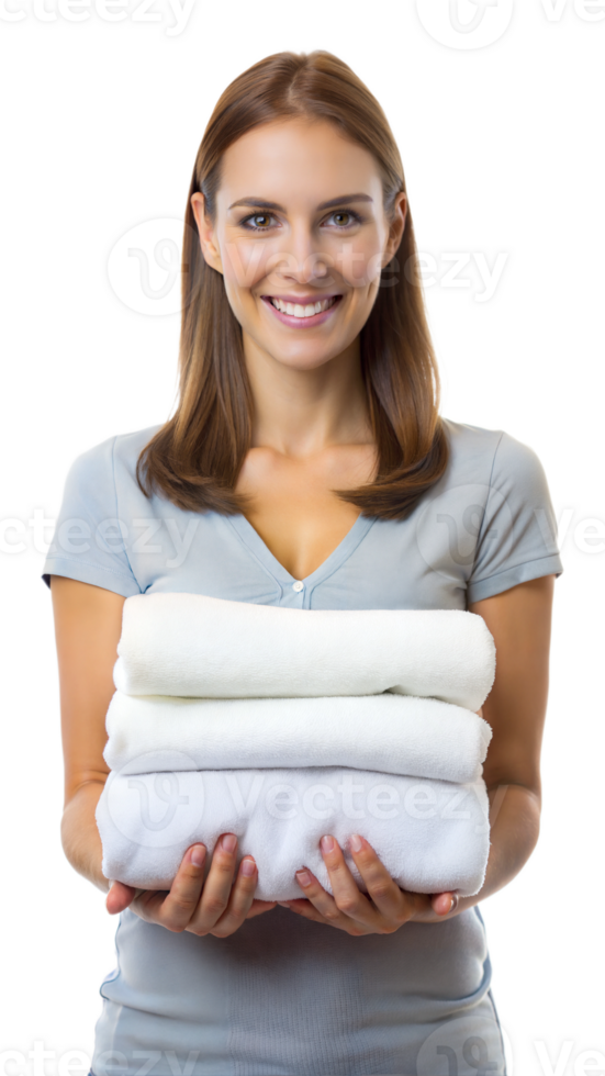 Smiling woman holding a stack of folded towels png
