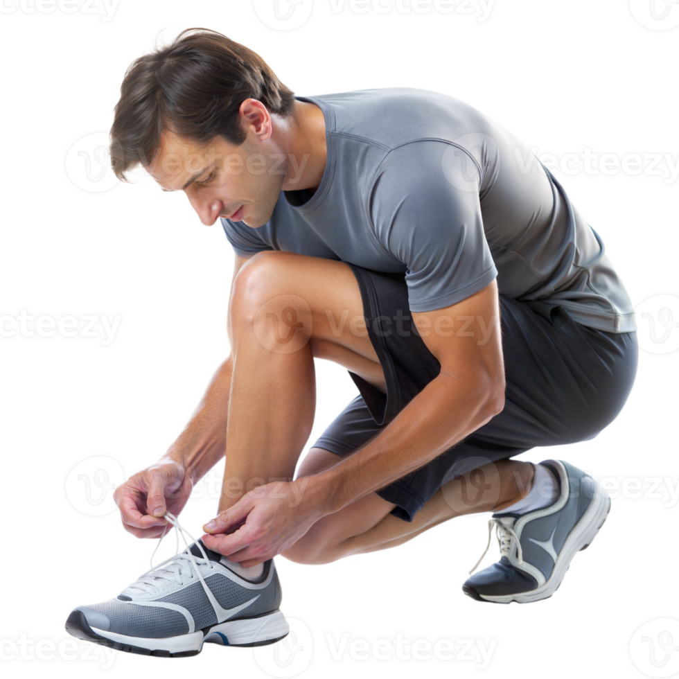Athlete adjusting his shoe laces before running png