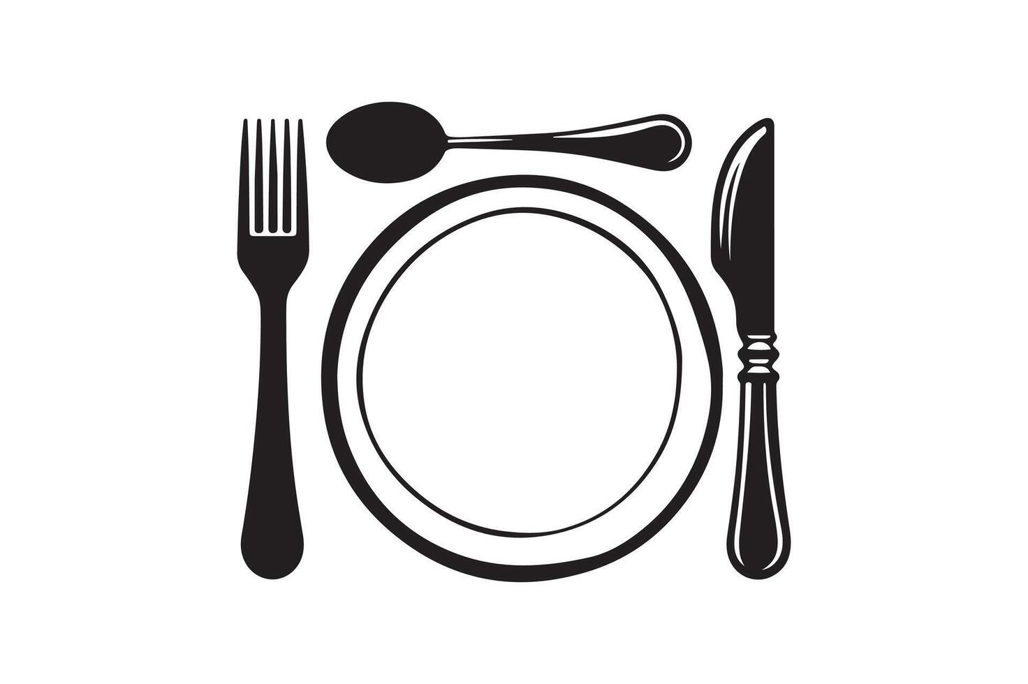 a black and white illustration of a plate, fork and knife vector