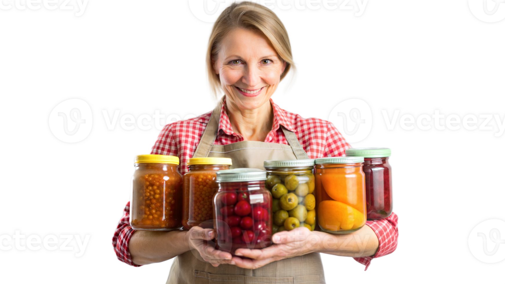 Smiling woman holding jars of homemade jams png