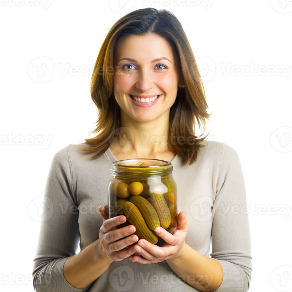 Smiling woman holding a jar of homemade pickles png