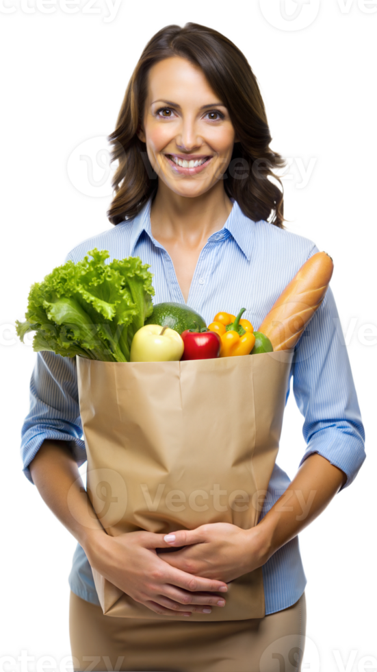 Woman holding a grocery bag filled with fresh produce png