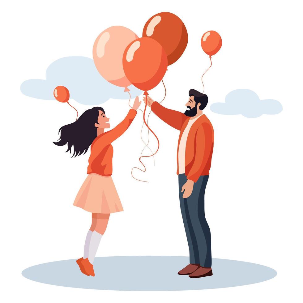 A happy girl and a man are holding orange balloons. vector