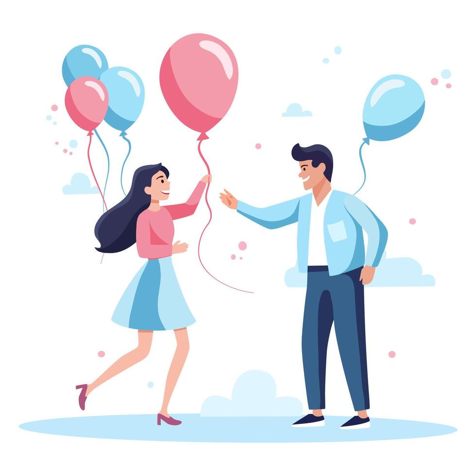 A happy girl and a man are holding blue and pink balloons vector