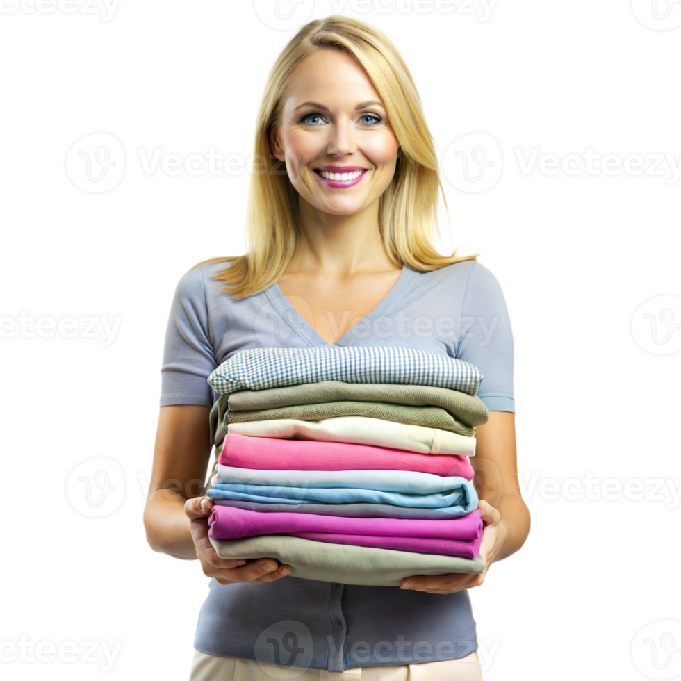 Smiling woman holding a stack of folded clothes png