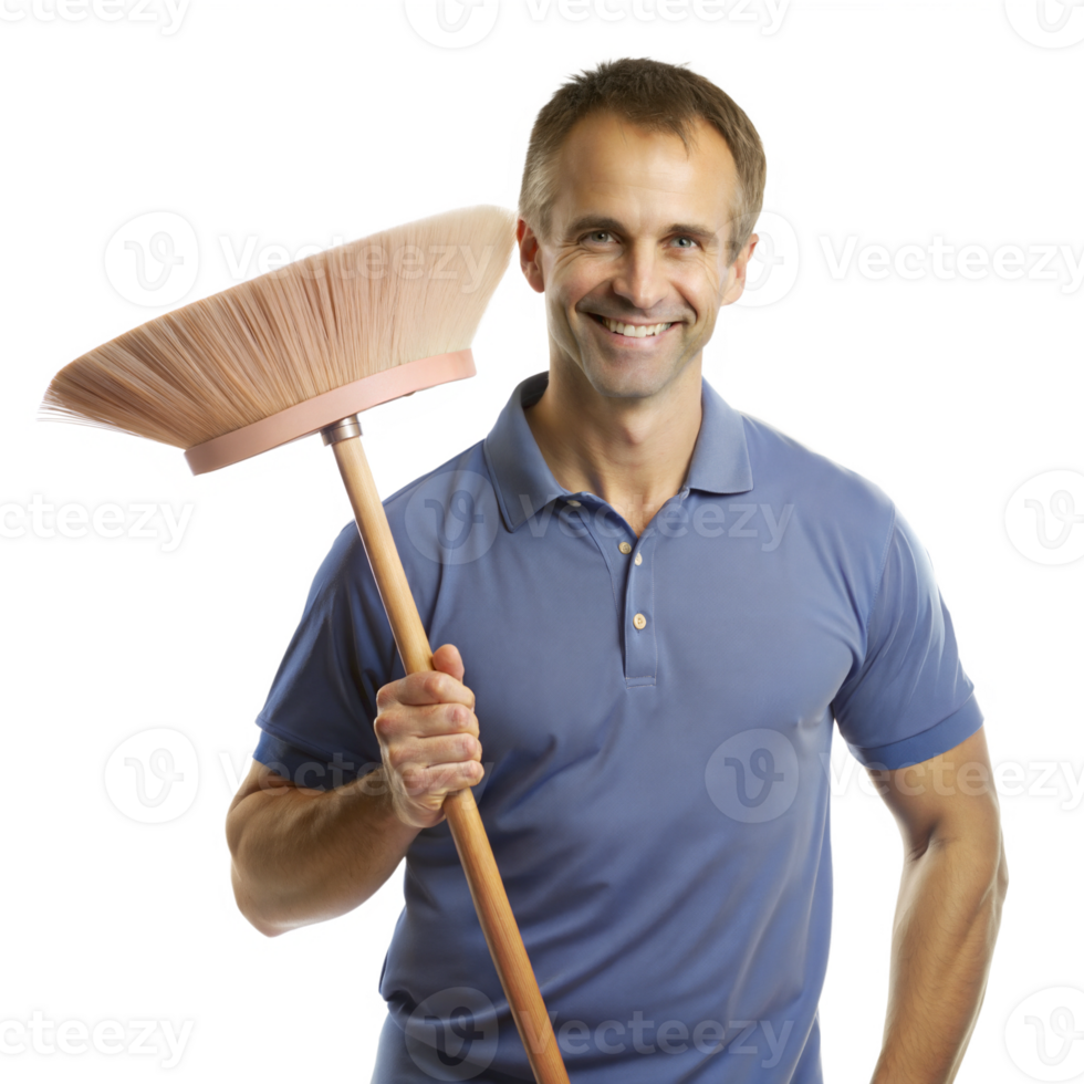 Smiling worker holding a broom and preparing to sweep png