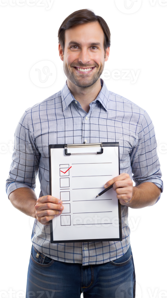 Man holding paperwork and explaining details png