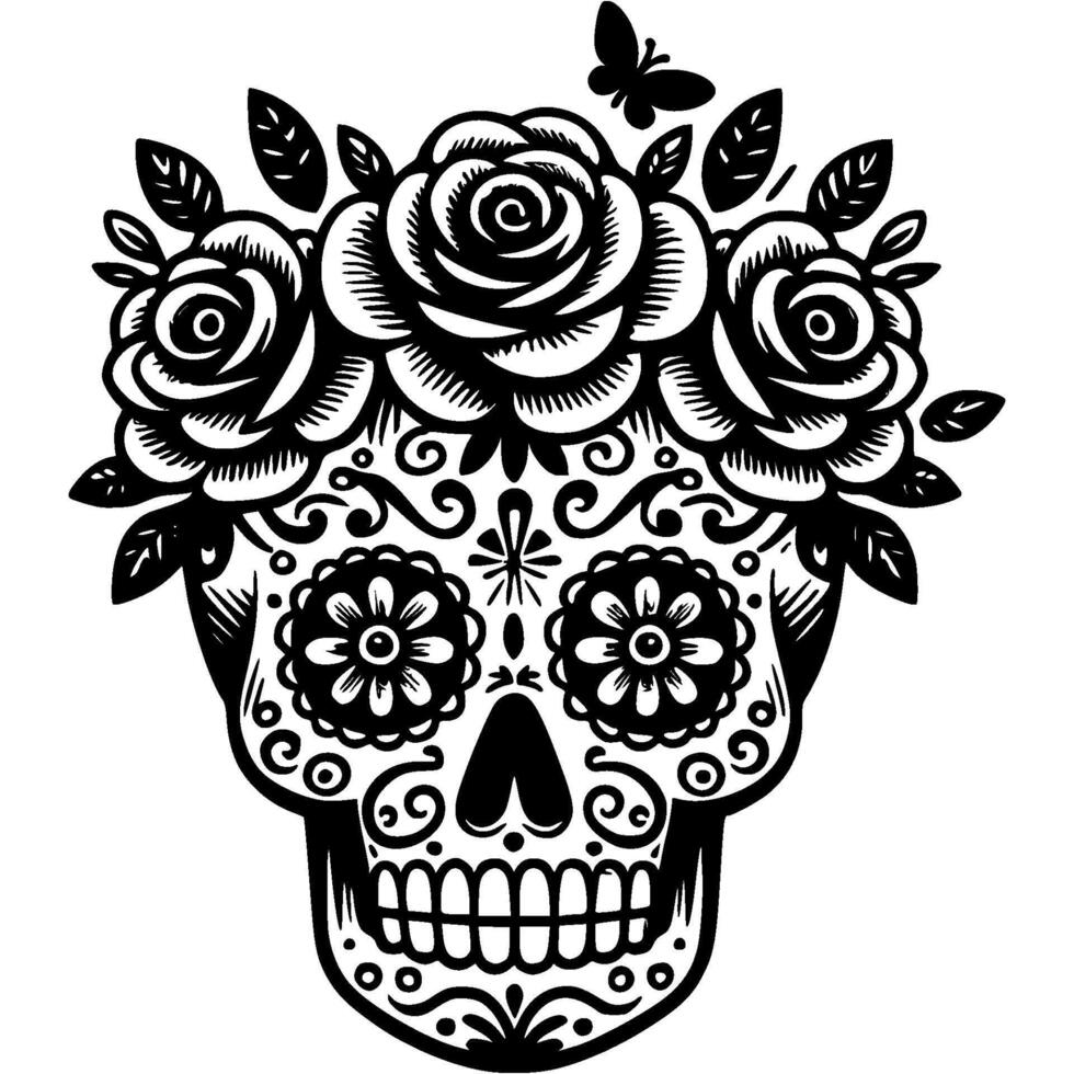 a black and white sugar skull with roses vector