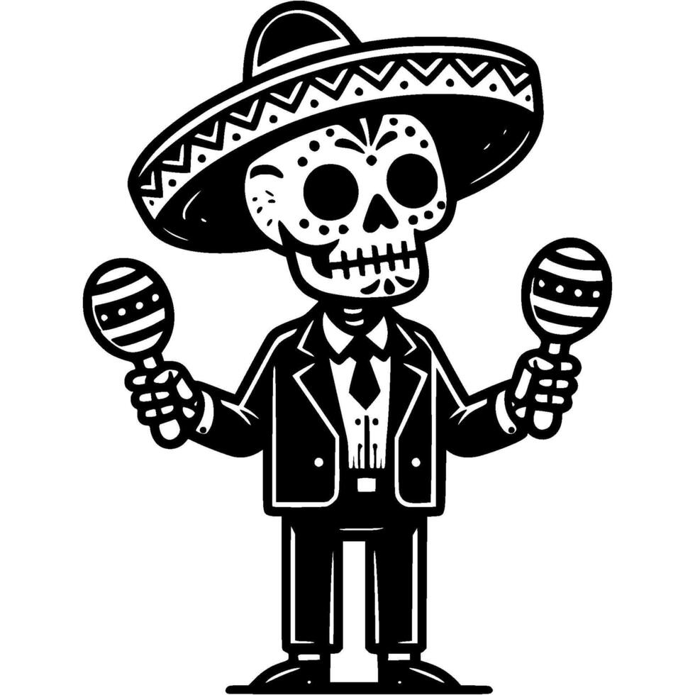 mexican skeleton with maracas and sombrero vector