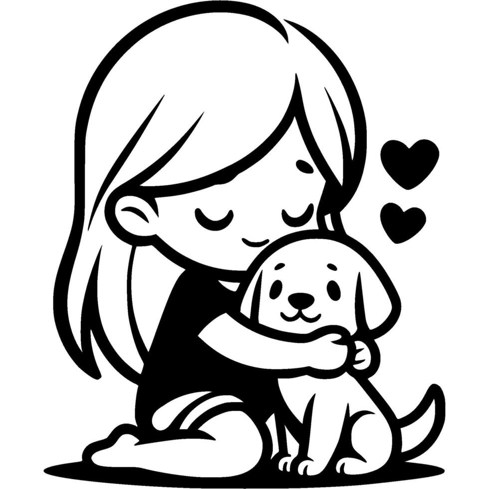 a girl hugging her dog with a heart vector
