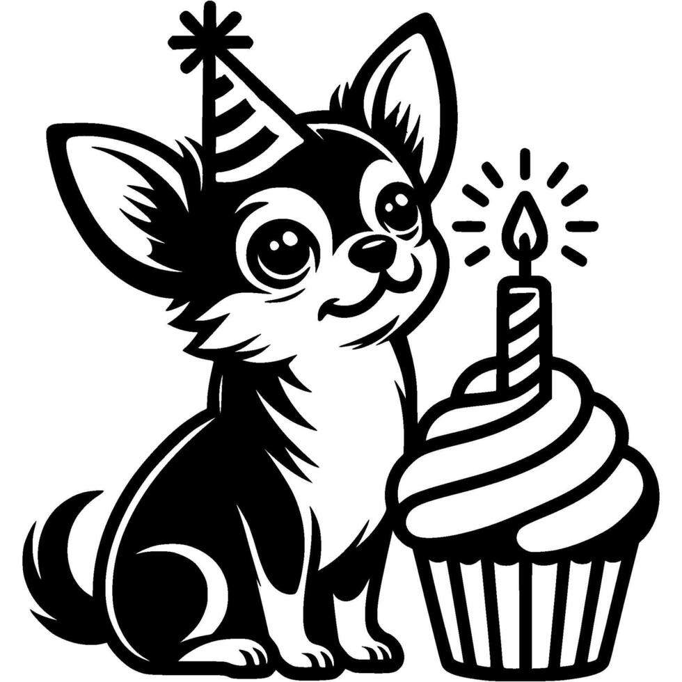 a black and white drawing of a chihuahua with a birthday cake vector