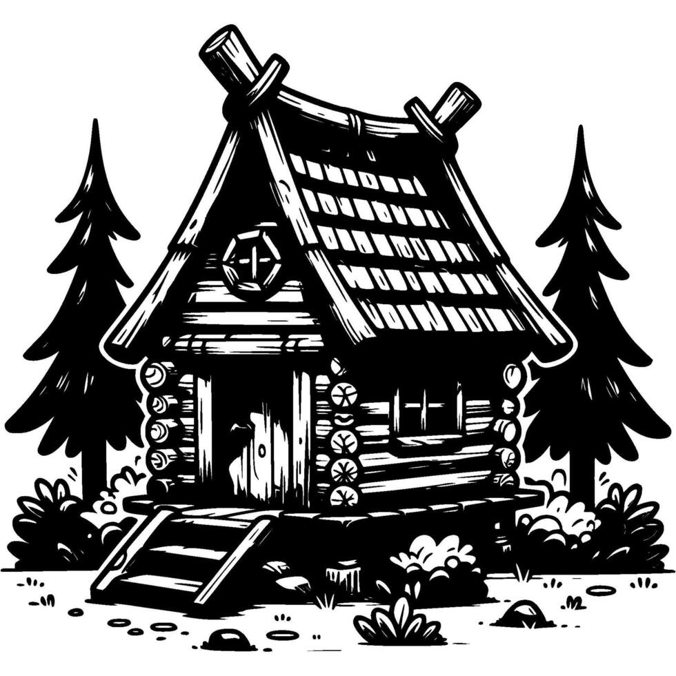 a black and white drawing of a cabin in the woods vector