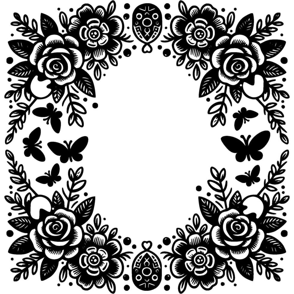 a black and white floral frame with butterflies and roses vector