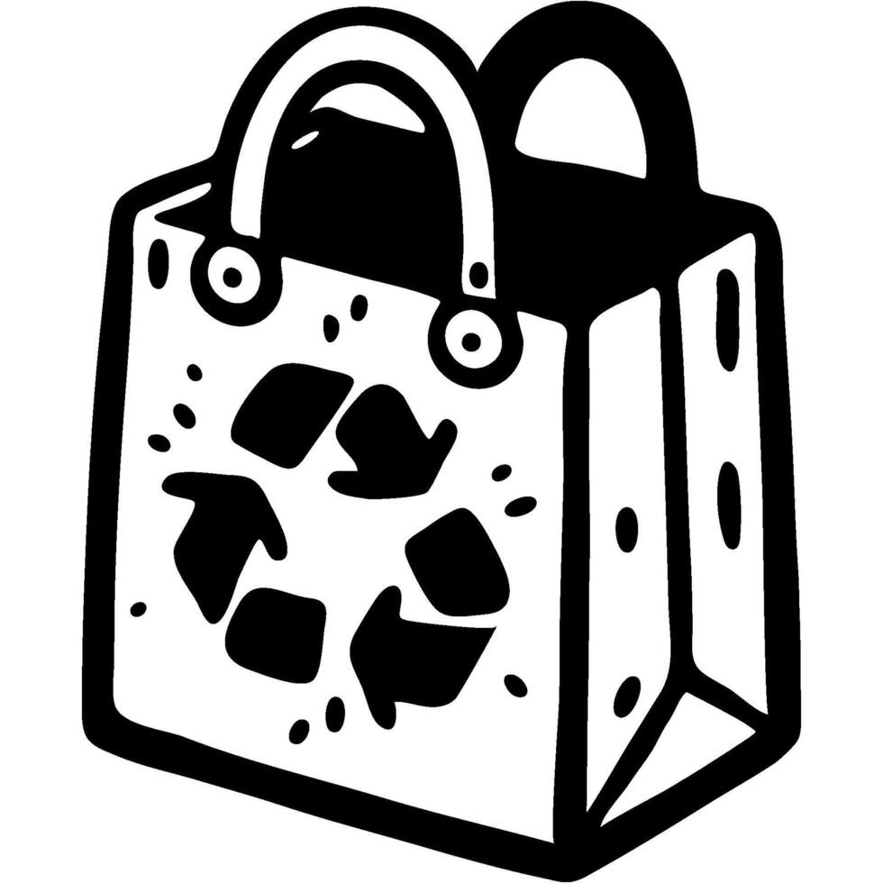 a black and white drawing of a bag with a recycling symbol vector