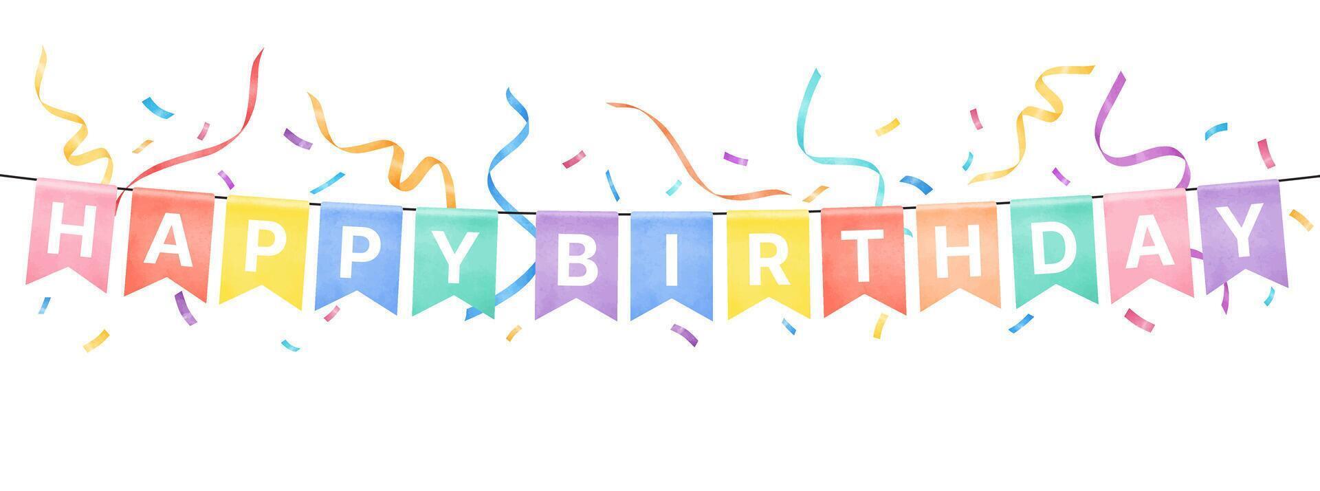 Colorful watercolor Happy Birthday party flags with confetti on white background vector
