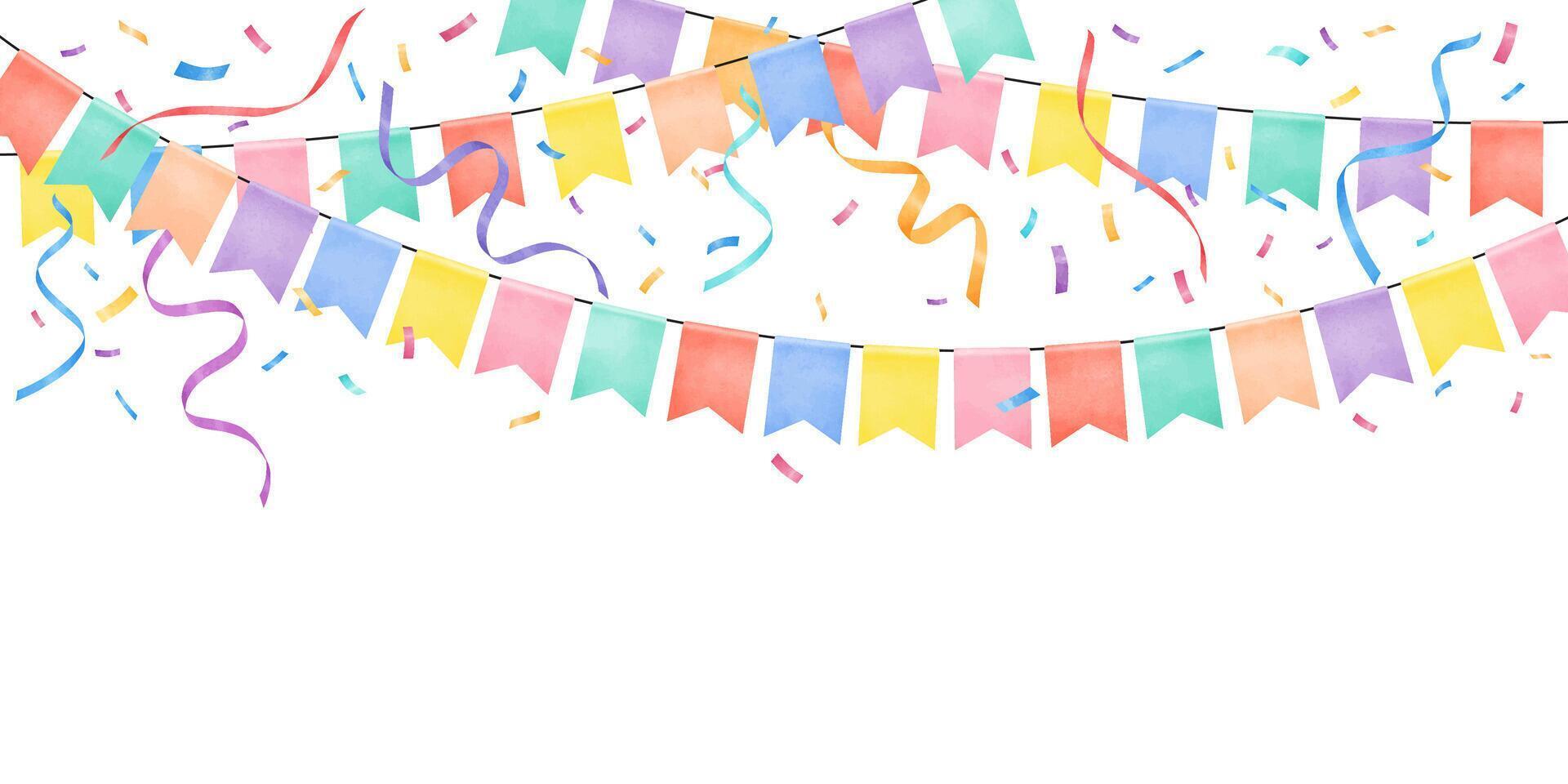 Colorful watercolor flag garland and confetti on white background vector