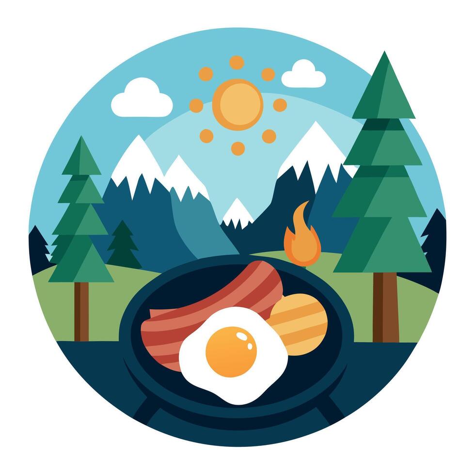 Camping breakfast bacon eggs cast iron skillet set forest vector