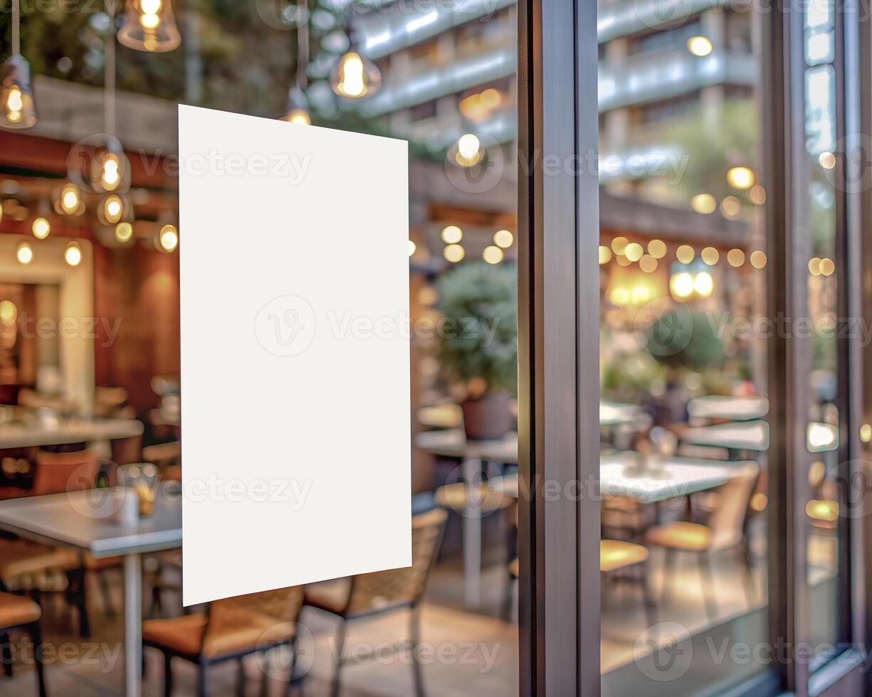 Poster promotion design mockup. Vertical empty white blank paper advertising banner frame template mock up displayed on the front of cafe bar restaurant or coffee shop window glass photo