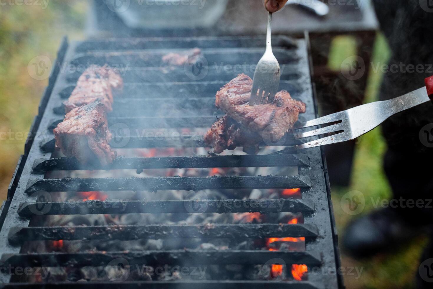 Grilled kebabs, a piece of meat grilled outdoors, cooking, beef on the grill, fork flipping the roast. photo