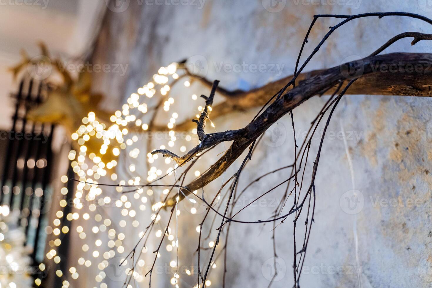 A branch for decor hangs on the wall, blurred background with lights, a Christmas garland decorates the wall. photo