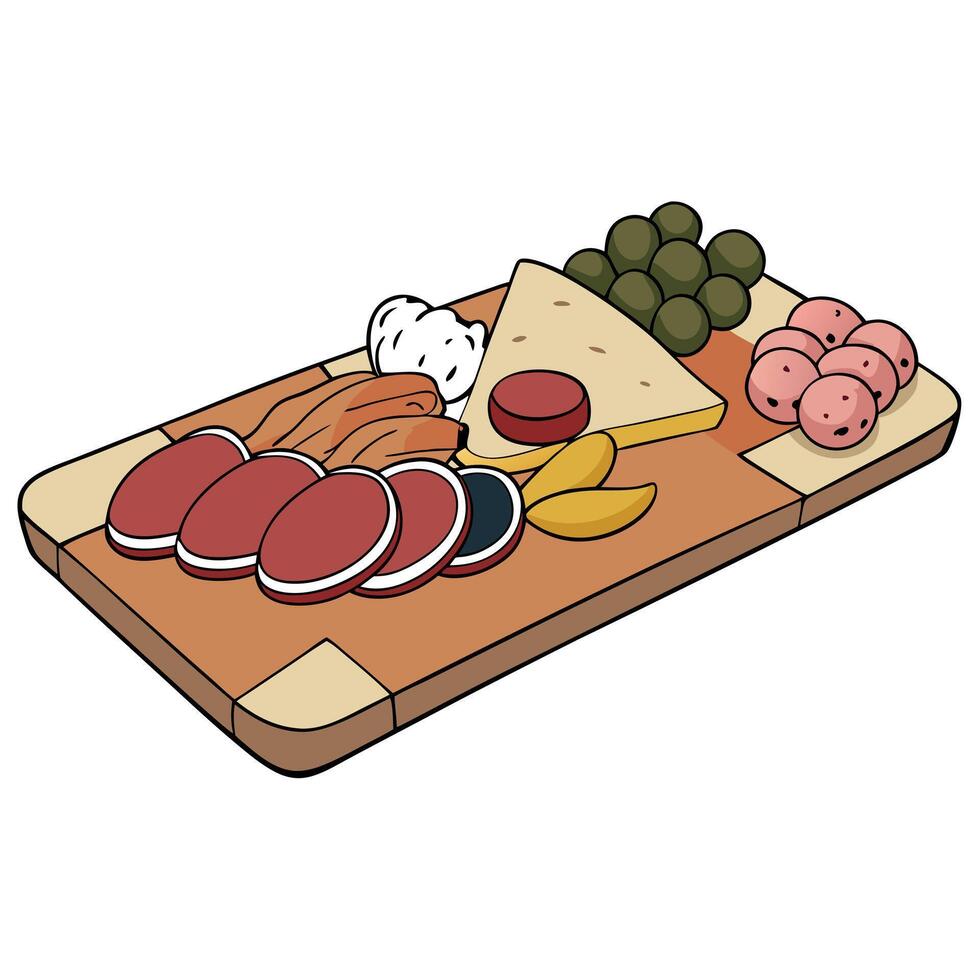 A wooden cutting board with meat, cheese and olives vector