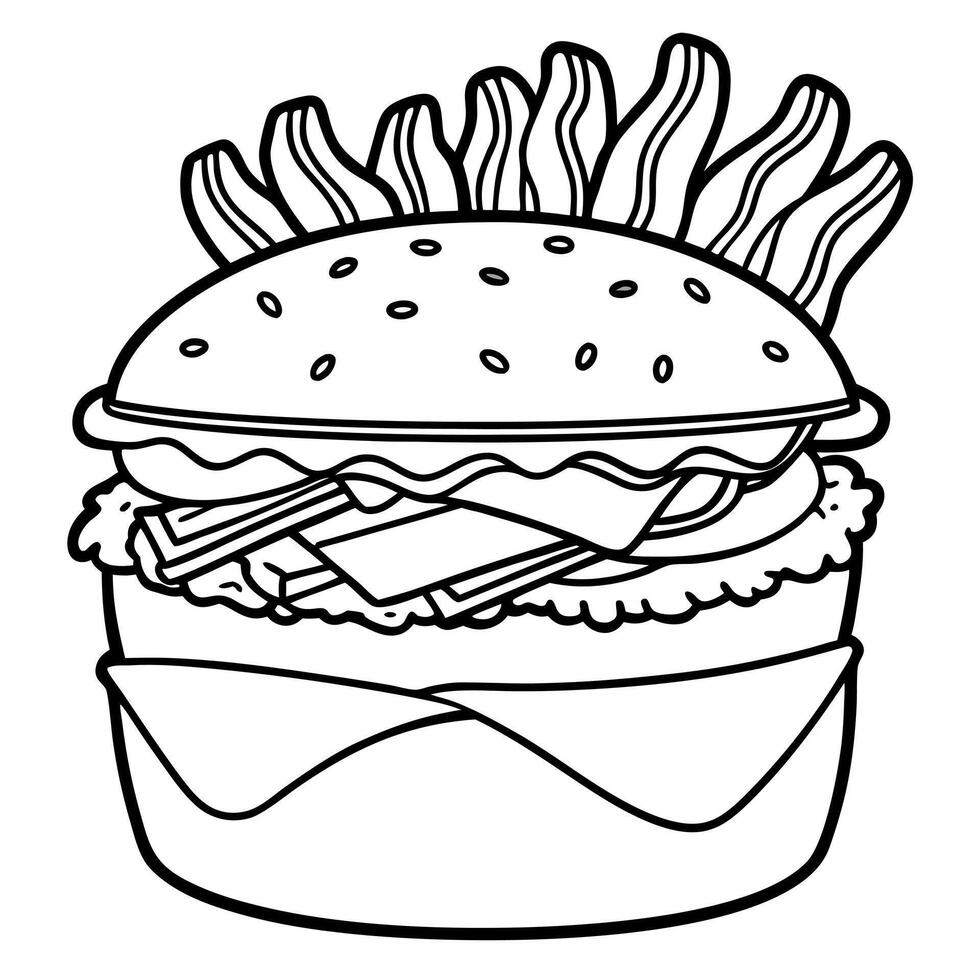 Bacon and sauteed onions enhance a cheeseburger. accompanied by seasoned French fries. vector