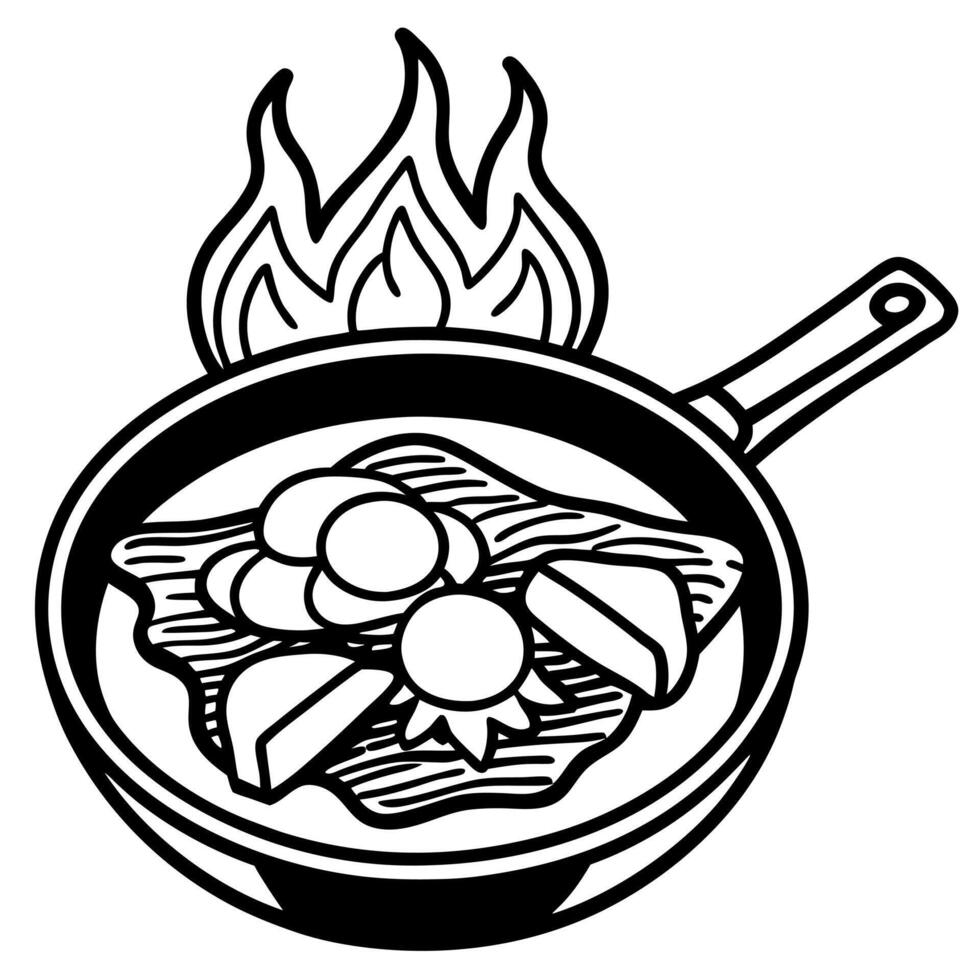 A close-up image of a cast iron skillet containing eggs and bacon cooking over an open fire. symboli vector