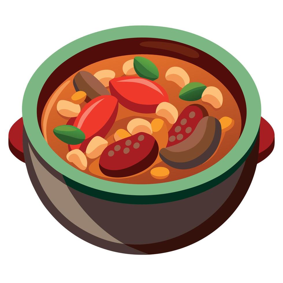 Bean stew with pork and chorizo sausage . vector