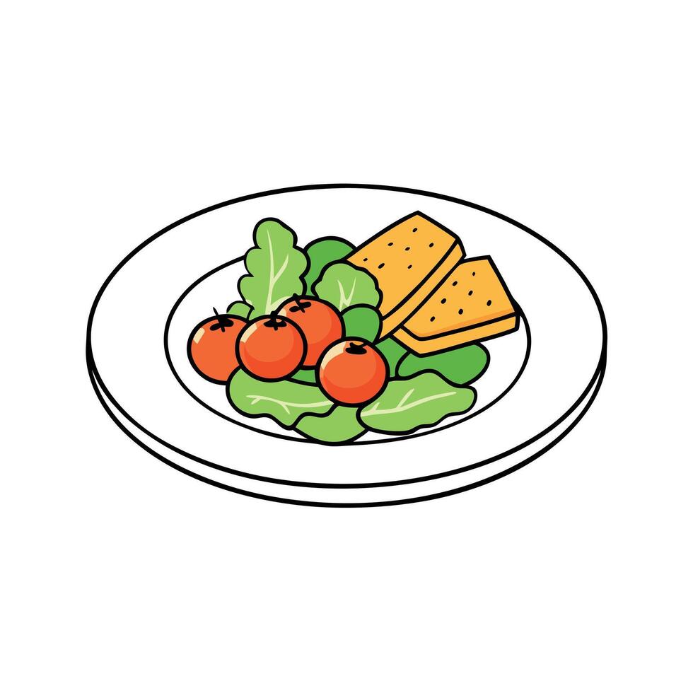 Fresh crispy romaine lettuce. juicy cherry tomatoes. savory croutons. and shaved parmesan cheese arr vector
