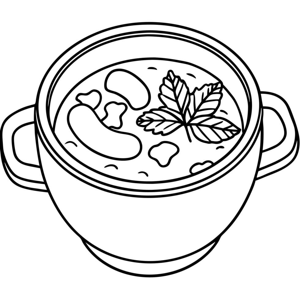 A soup with meat and vegetables coloring page vector