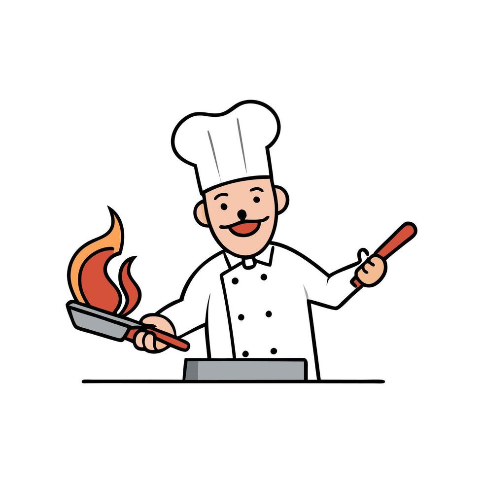 A restaurant rush in the kitchen as a chef deftly turns bacon with metal tongs on the sizzling surfa vector