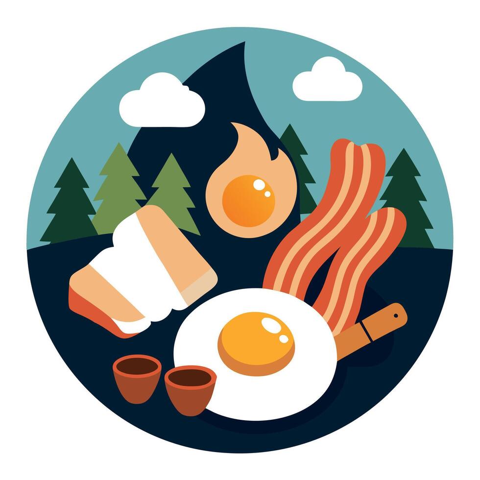 Campfire breakfast of eggs. bacon and potatoes vector