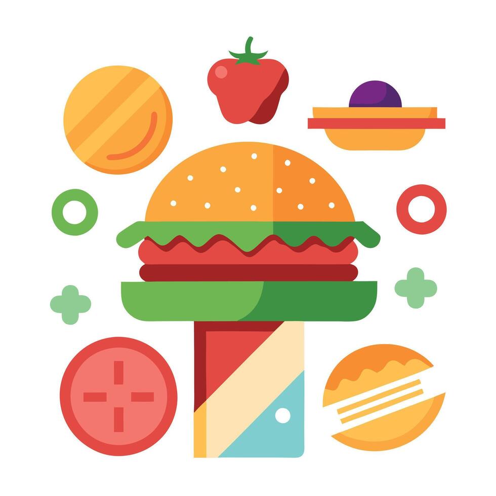 Bacon. Cheese. And Burger Assembly With Fresh Vegetables vector