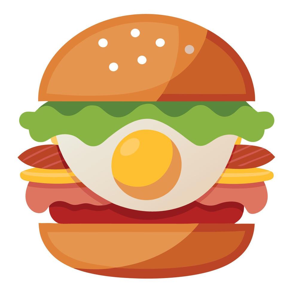 Burger with beef patty. bacon. fried egg and vegetables. vector